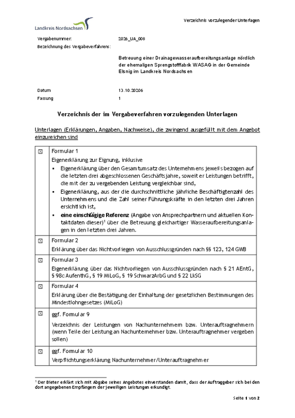 Verzeichnis vorzulegender Unterlagen